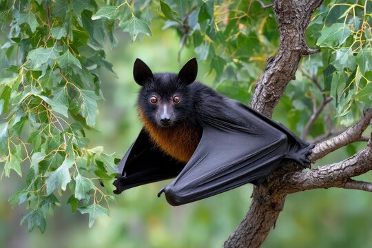 Bat on tree branch fur redbrown chest black wings spread eyes wide surrounded by green leaves