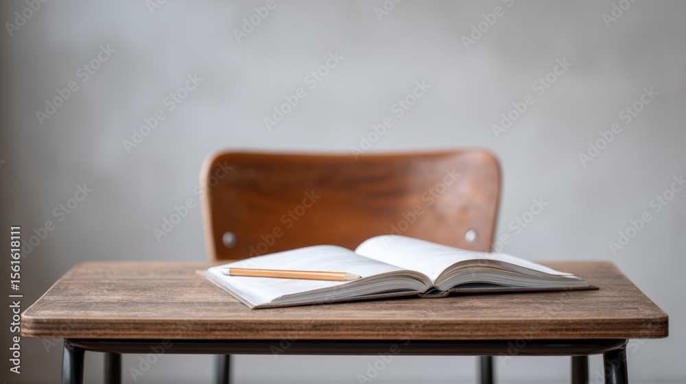 Aufkleber open book on wooden desk with empty chair in minimal modern interior setting.