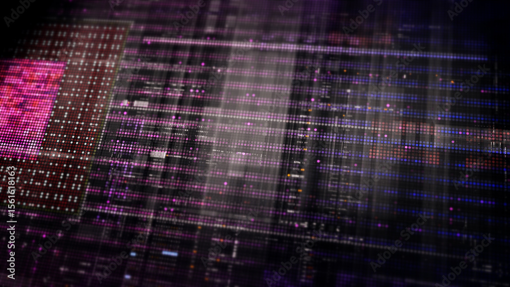 Poster Futuristic digital screen matrix with encrypted data, hi-tech telemetry, and dynamic code patterns. Ideal for desktop displays, sci-fi UI, and cyber tech backgrounds