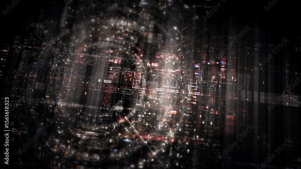 Poster Futuristic digital screen matrix with encrypted data, hi-tech telemetry, and dynamic code patterns. Ideal for desktop displays, sci-fi UI, and cyber tech backgrounds