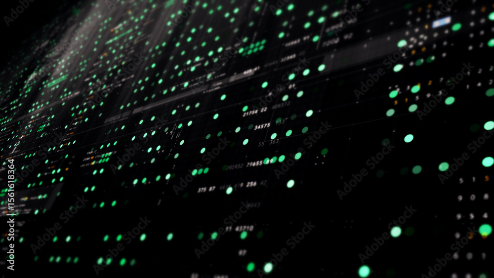 Poster Futuristic digital screen matrix with encrypted data, hi-tech telemetry, and dynamic code patterns. Ideal for desktop displays, sci-fi UI, and cyber tech backgrounds