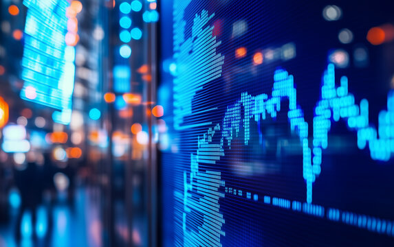 Stock market graph display with blurred city lights in the background