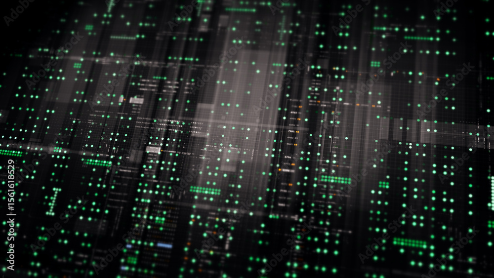Poster Futuristic digital screen matrix with encrypted data, hi-tech telemetry, and dynamic code patterns. Ideal for desktop displays, sci-fi UI, and cyber tech backgrounds