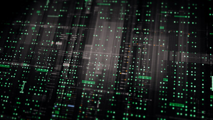 Futuristic digital screen matrix with encrypted data, hi-tech telemetry, and dynamic code patterns. Ideal for desktop displays, sci-fi UI, and cyber tech backgrounds