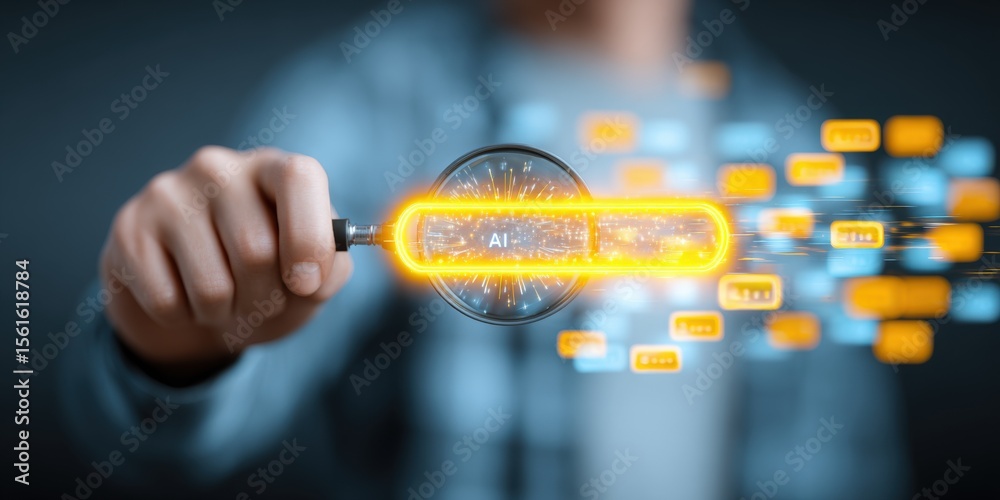 Poster Futuristic AI technology concept with digital interface and glowing hologram.