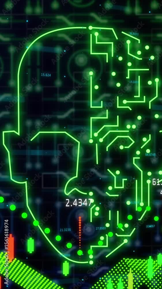 Poster animation of online biometric face, data processing over computer circuit board