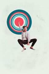 Vertical pop art photo collage of happy businesswoman businessman stand geometric figure...
