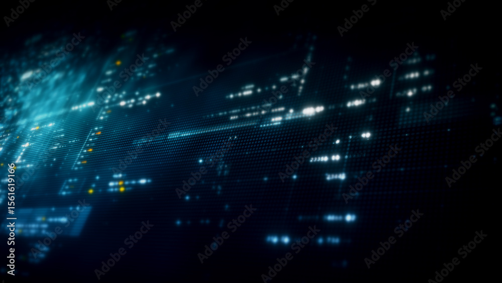 Poster Futuristic digital screen matrix with encrypted data, hi-tech telemetry, and dynamic code patterns. Ideal for desktop displays, sci-fi UI, and cyber tech backgrounds