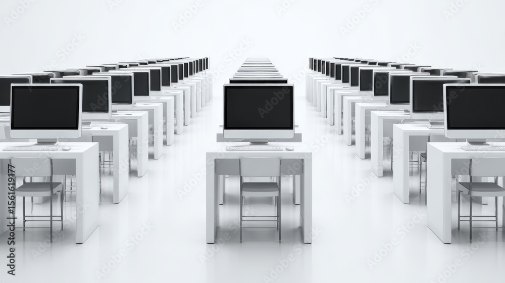 Aufkleber ultra modern computer desktop workstations with monitors in bright office setting.