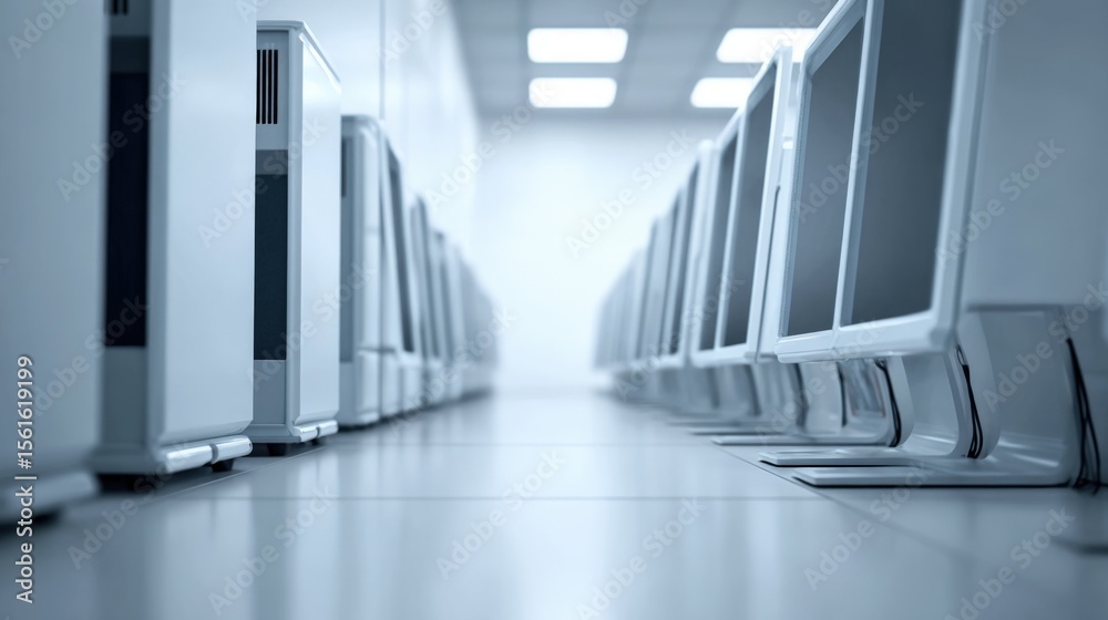 Poster Modern data center rows with high-tech servers and cooling system detailed view.