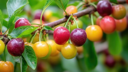 Obraz premium Colorful Cherry Fruits Growing on a Branch with Green Leaves and Bokeh Background.