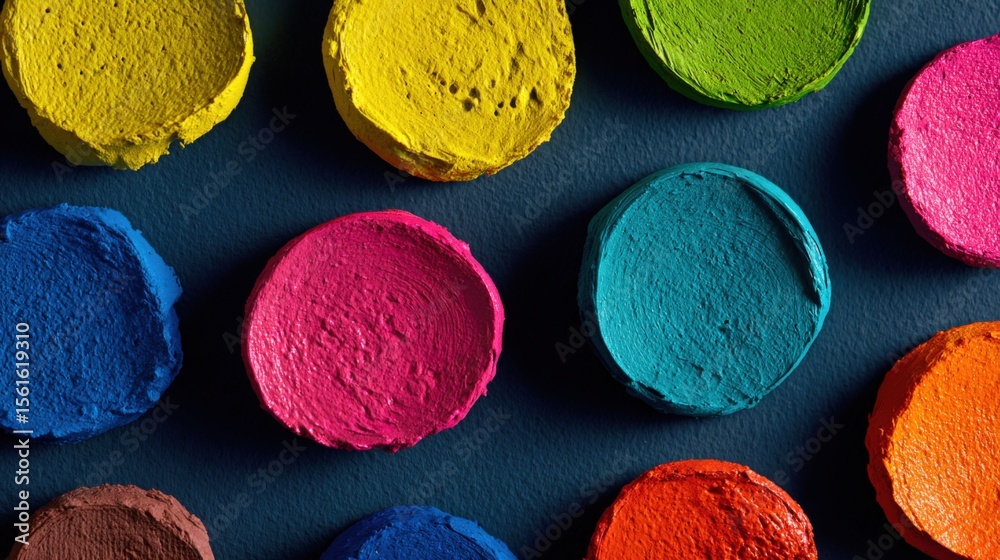 Poster Assorted colorful chalk circles in various vibrant shades on dark background.