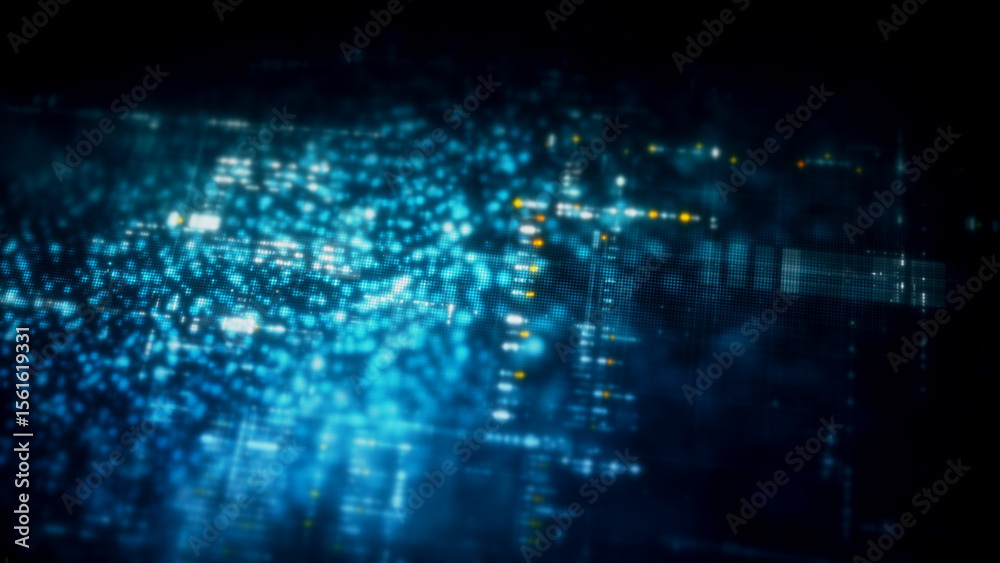 Poster Futuristic digital screen matrix with encrypted data, hi-tech telemetry, and dynamic code patterns. Ideal for desktop displays, sci-fi UI, and cyber tech backgrounds