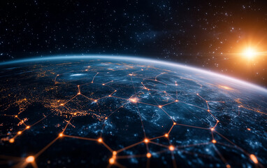 View of earth from space with network connections and bright sun in distance