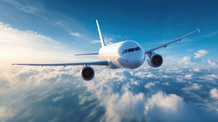 Fototapeta premium Large Commercial Airplane Flying High Above Clouds During Bright Daylight Sky.
