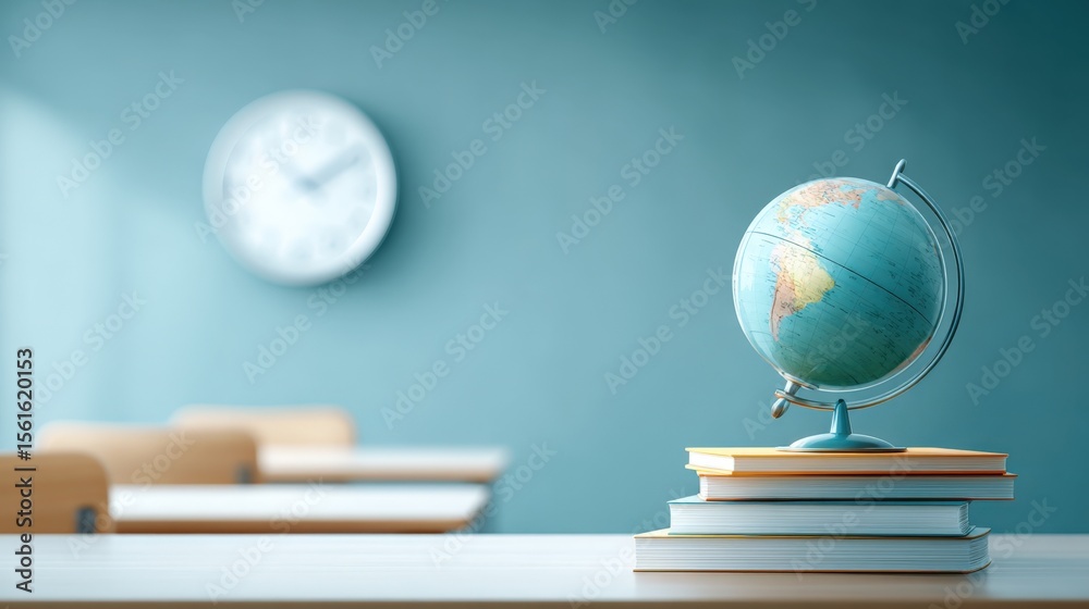 Poster educational classroom setting with globe books and wall clock bright modern scene.