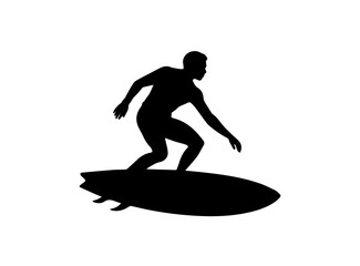 A bold, black silhouette of a surfer curled up on a surfboard.