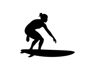 A bold, black silhouette of a surfer curled up on a surfboard.