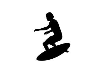A bold, black silhouette of a surfer curled up on a surfboard.