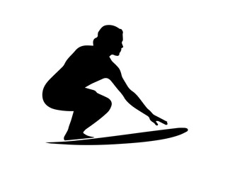 A bold, black silhouette of a surfer curled up on a surfboard.