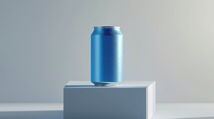 photo of a blank matt and glossy blue soda can on top of a cube podium. The background is solid white color. The image composition suggests a product demonstration or product advertisement.