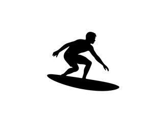 A bold, black silhouette of a surfer curled up on a surfboard.