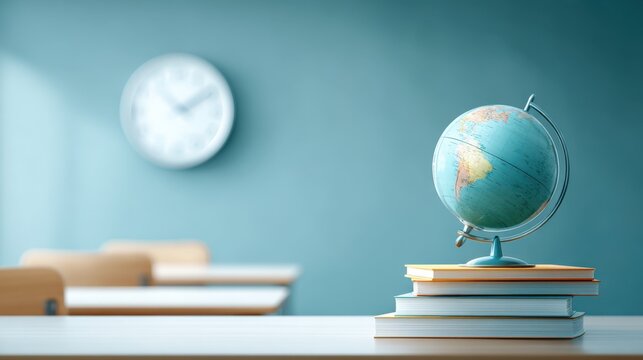 Educational Classroom Setting with Globe Books and Wall Clock Bright Modern Scene.