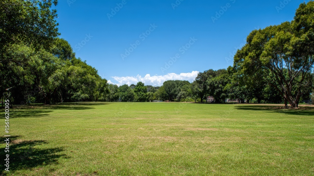 Poster expansive lush green park with open grassy area surrounded by tall trees under clear blue sky.