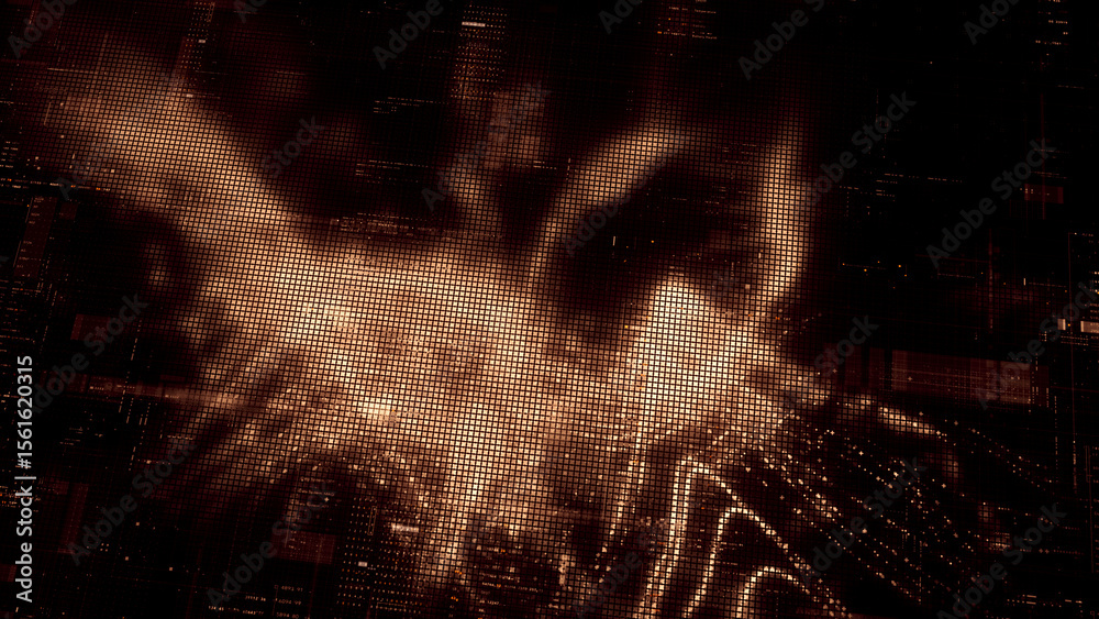 Poster Futuristic digital screen matrix with encrypted data, hi-tech telemetry, and dynamic code patterns. Ideal for desktop displays, sci-fi UI, and cyber tech backgrounds