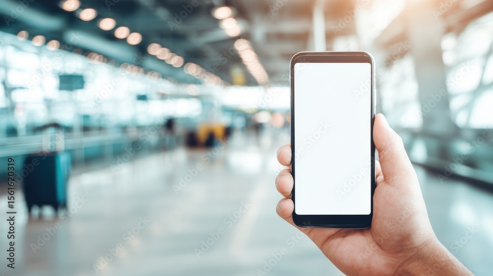Poster close up of a person holding smartphone with blank screen in airport terminal during daytime.