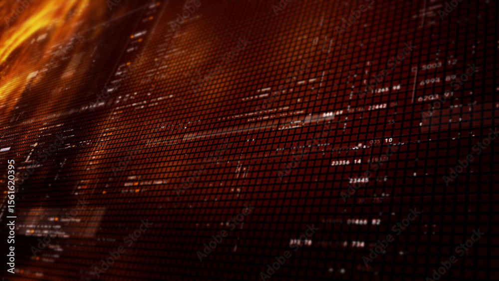Poster Futuristic digital screen matrix with encrypted data, hi-tech telemetry, and dynamic code patterns. Ideal for desktop displays, sci-fi UI, and cyber tech backgrounds
