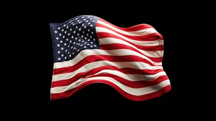 American flag waving with detailed fabric and vibrant star and stripe design on black background.