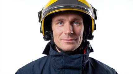 Firefighter wearing uniform isolated on white background