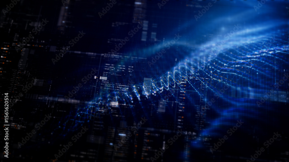 Poster Futuristic digital screen matrix with encrypted data, hi-tech telemetry, and dynamic code patterns. Ideal for desktop displays, sci-fi UI, and cyber tech backgrounds