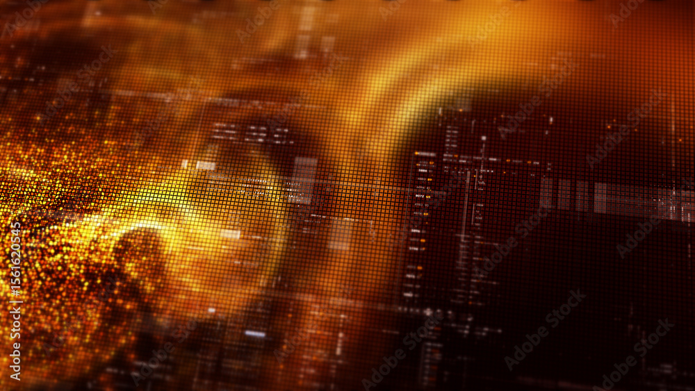 Poster Futuristic digital screen matrix with encrypted data, hi-tech telemetry, and dynamic code patterns. Ideal for desktop displays, sci-fi UI, and cyber tech backgrounds