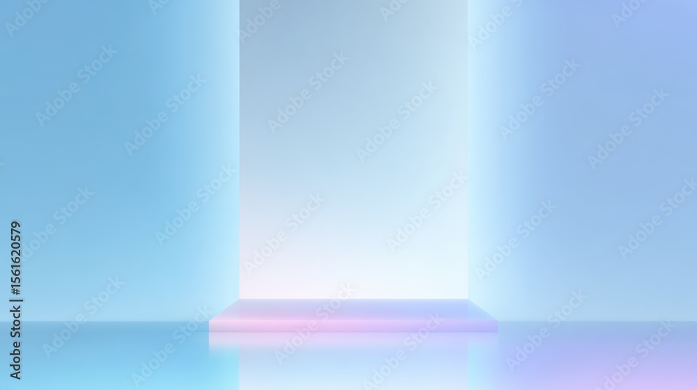 Poster minimalist futuristic light display with glowing blue walls and elevated platform.