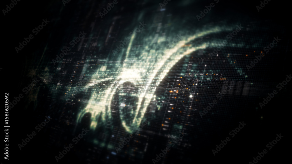 Poster Futuristic digital screen matrix with encrypted data, hi-tech telemetry, and dynamic code patterns. Ideal for desktop displays, sci-fi UI, and cyber tech backgrounds