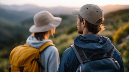 Fototapeta premium Young couple hiking in mountains embracing nature and adventure