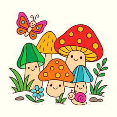 Kawaii Mushroom Family with Butterfly and Snail