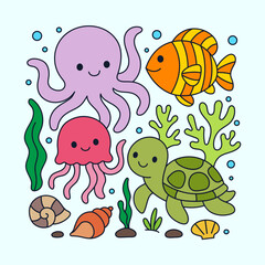 Cute Underwater Animals – Octopus, Turtle, Jellyfish, Fish Vector Set