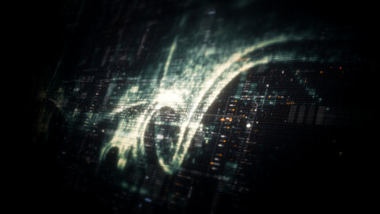Futuristic digital screen matrix with encrypted data, hi-tech telemetry, and dynamic code patterns....