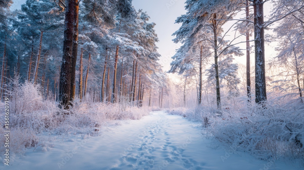 Poster snowy forest landscape with tall pine trees covered in frost and a path through winter wilderness.