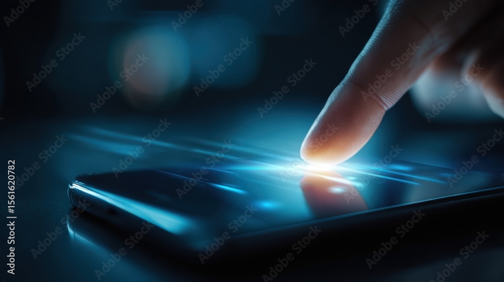 Poster close up of a hand tapping on a smartphone screen with glowing light effects at night.