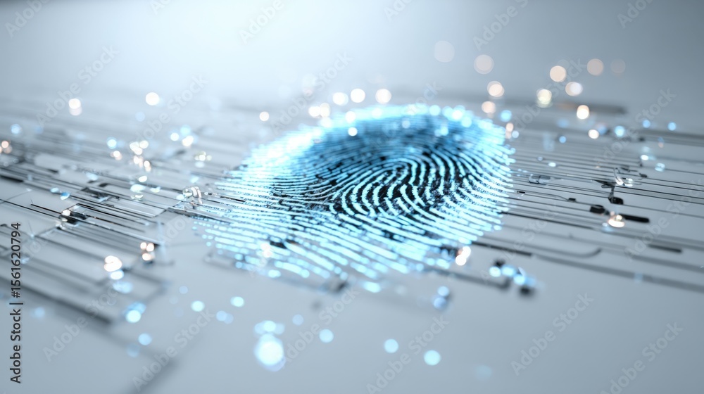 Poster Close-up of a digital fingerprint scan on futuristic technology interface with glowing elements.