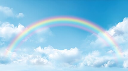 Vibrant Double Rainbow Arching Across Bright Blue Sky with Fluffy Clouds.