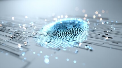 Close-up of a digital fingerprint scan on futuristic technology interface with glowing elements.