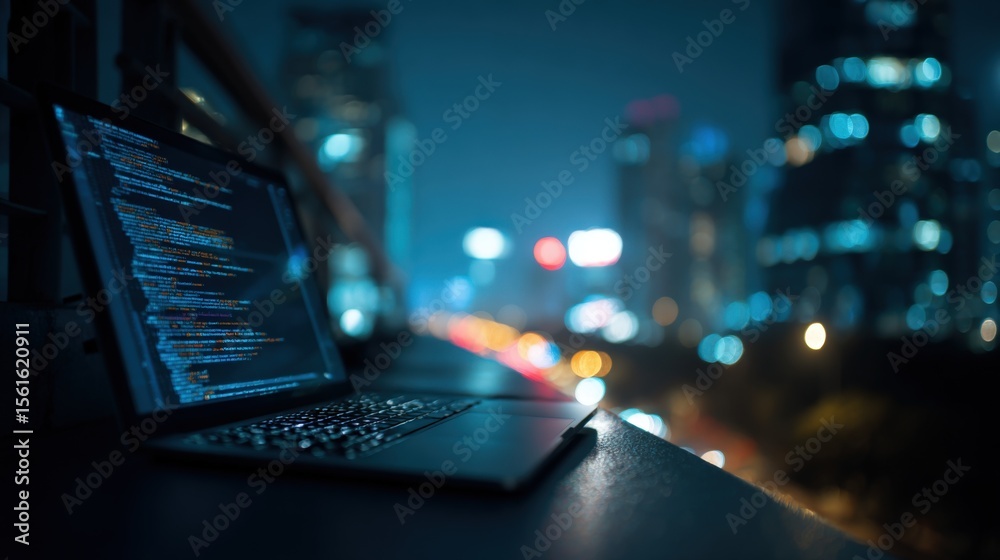 Poster modern workstation with laptop displaying code at night in urban cityscape.
