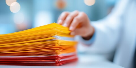 Close-up of a person holding colorful folders stacked on a table in an office setting.