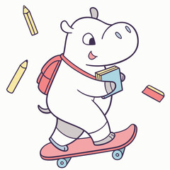 Charming SVG of a Cheerful Baby hippo featuring riding a skateboard, styled in a Back to school theme with Chalkboard Fun hues