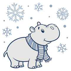 Delightful Loving Baby hippo in a Cozy winter scene with with a giant leaf – Frosty Winter vector illustration